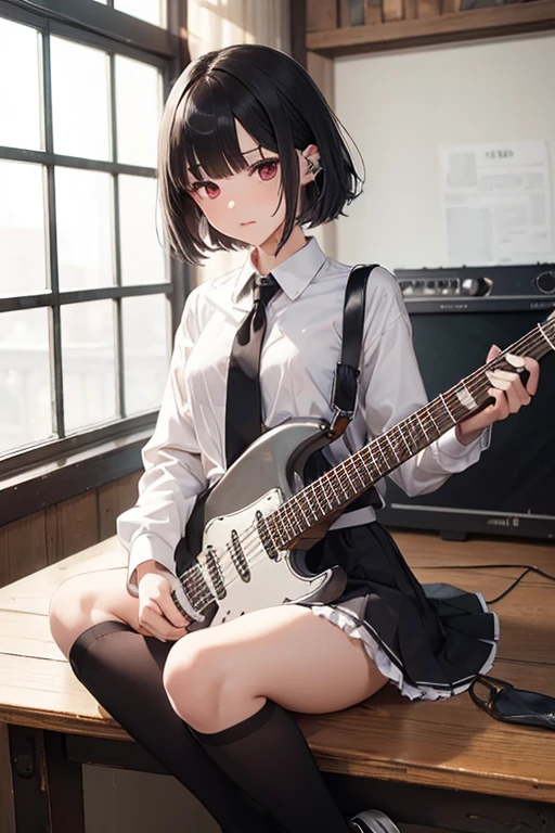 (((NSFW)))、((Masterpiece, Highest quality、Super detailed, Attention to detail))、Tabletop、girl、high school girl、Black Hair、Short Hair、Slit eyes、Red Eyes、eight-headed body、Model-like style、Slender、School uniforms、(White Shirt、Black Skirt、Black knee-high socks、Black Loafers)、Silver earringultiple silver accessories、Silver Ring、Silver Ring、Band Gal、(Red electric guitar)、studio、Playing guitar