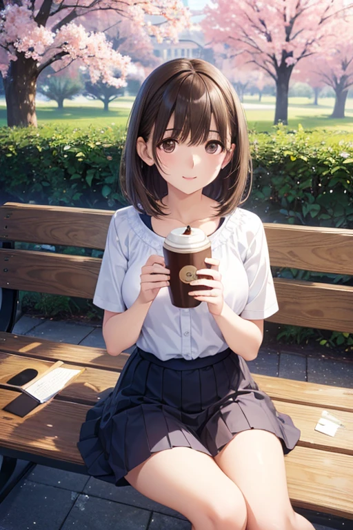 anegasaki nene、Shiny brown hair, short hair, (Beautiful brown eyes、Sparkling eyes, Fine grain)、smile、Ultra-detailed eyes、Very detailedな顔, Very detailedな目,


((Highest quality)), ((masterpiece)), (Very detailed), (Very high resolution), ((Realistic)), 8k, Perfect line drawing, Beautiful line art,
Anime 2D Rendering, (The best CG), Ultra-detailed art, 
One Girl:1.5, 

masterpiece,Highest quality,Anime Style,Beautiful illustrations,8k,(Woman sitting on a park bench looking up at the sky),(Drink coffee),(Cozy and comfortable seating),(Spring Sunshine),(sunny),(noon),(Ultra-detailed anime-style landscape wallpaper),A woman is drinking coffee alone,(hand)