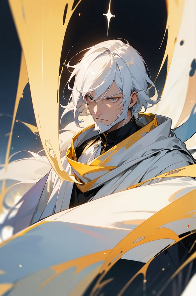 white hair, white eyes, golden scarf, white cape, black and white kings outfit, sky above them, portrait, serious face, upper body, white aura, male , mature, bearded, full body