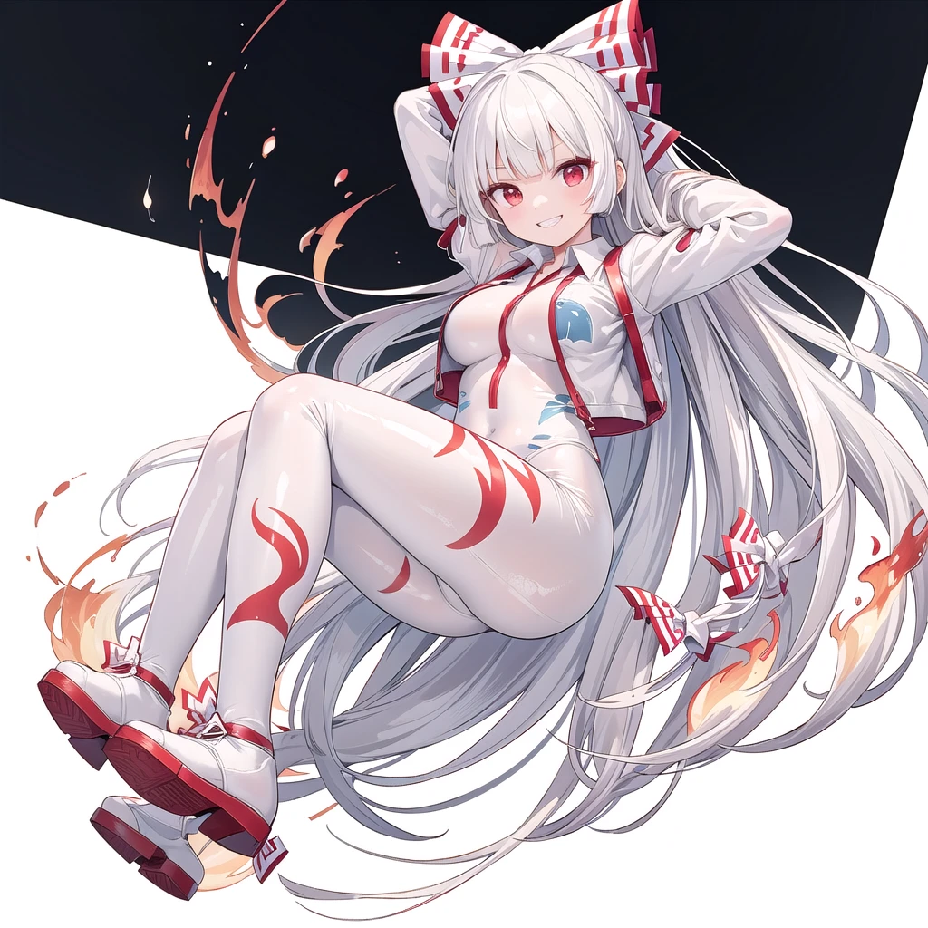 (((high quality))),(((masterpiece))),(((highly detailed))),((illustration style)),
(((fujiwara no mokou))),(touhou),(((red eyes))),(((long hair,white hair,bangs,hime cut)))),(((hair bow, white bow))),(((white leather jacket))),(((Flame Pattern print red full bodysuit))),((latex)), (shiny clothes:1.2),(((grin))),(((large breasts))),(((full body))),(((arm behind head))),(((model posing))),((((simple white background))),(((Angle from below)))