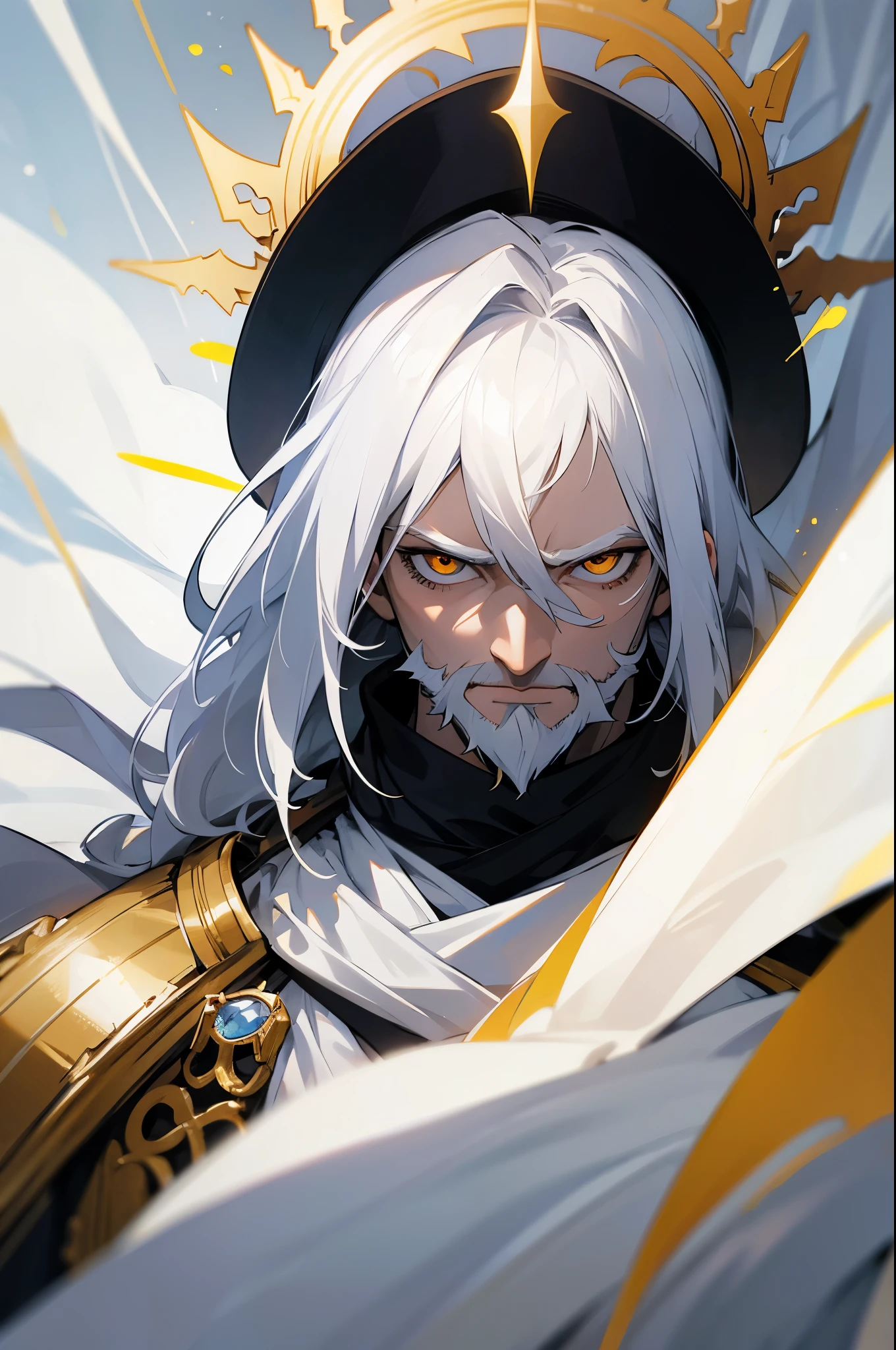 white hair, white eyes, golden scarf, white cape, black and white kings outfit, sky above them, portrait, serious face, upper body, white aura, male , mature, bearded
