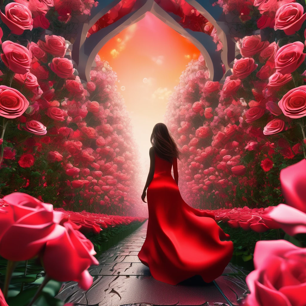 77×412÷π÷2, a beautiful woman is walking in a garden of roses,fractal  , deep wiew,photographic,ultra high resolution,hyperdetailed, masterpiece, 3d modelling, abstract art.