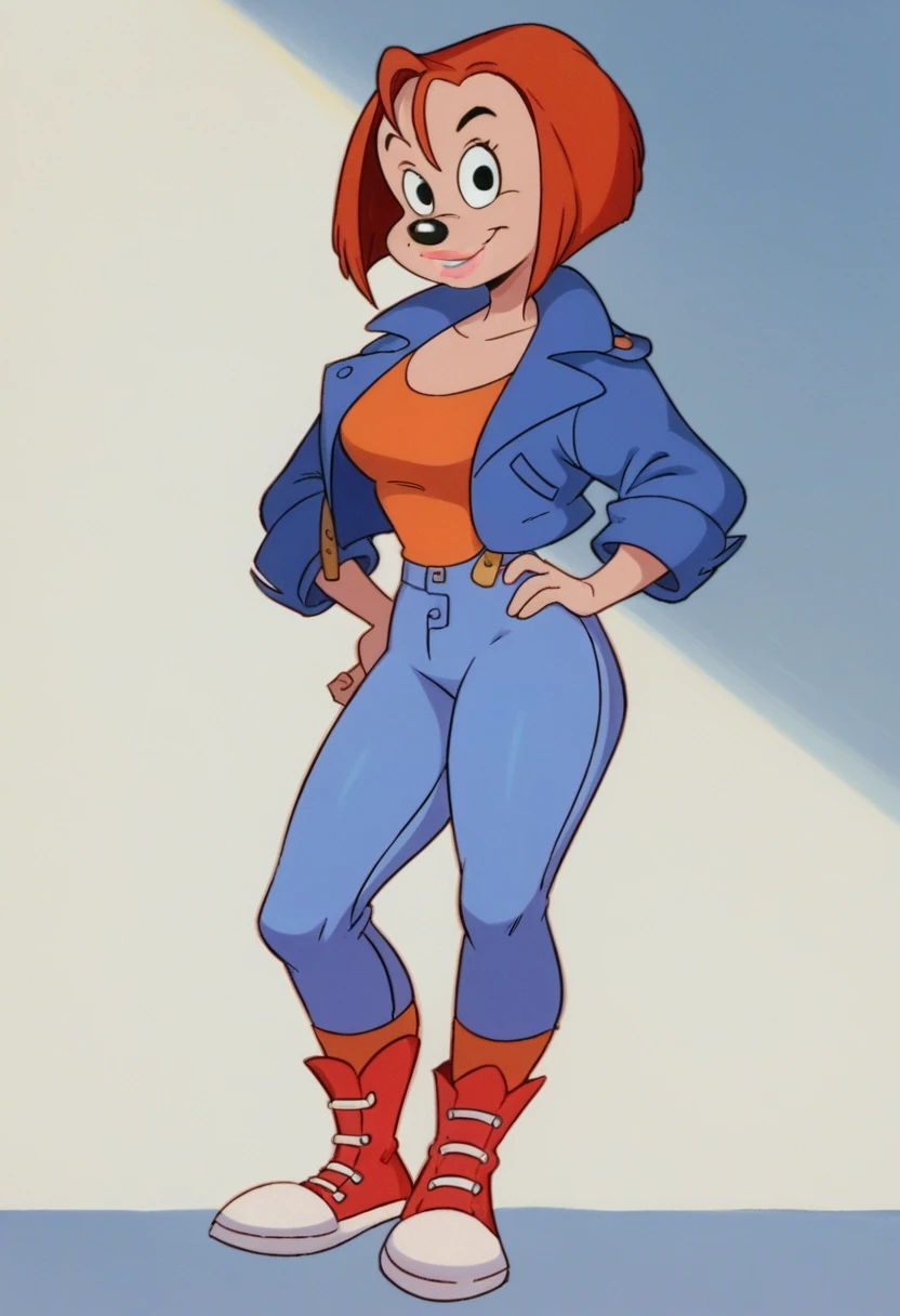 score_9, score_8_up, score_7_up, score_6_up, score_5_up, score_4_up, BREAK, Debbie Dune, 1girl, solo, breasts, looking at viewer, smile, standing, full body, boots, pants, black eyes, hand on hip, blue jacket, red footwear, cropped jacket, orange hair, short hair, animal nose, jeans, blue pants, furry female, furry, jacket, denim, orange shirt, lips, lipstick