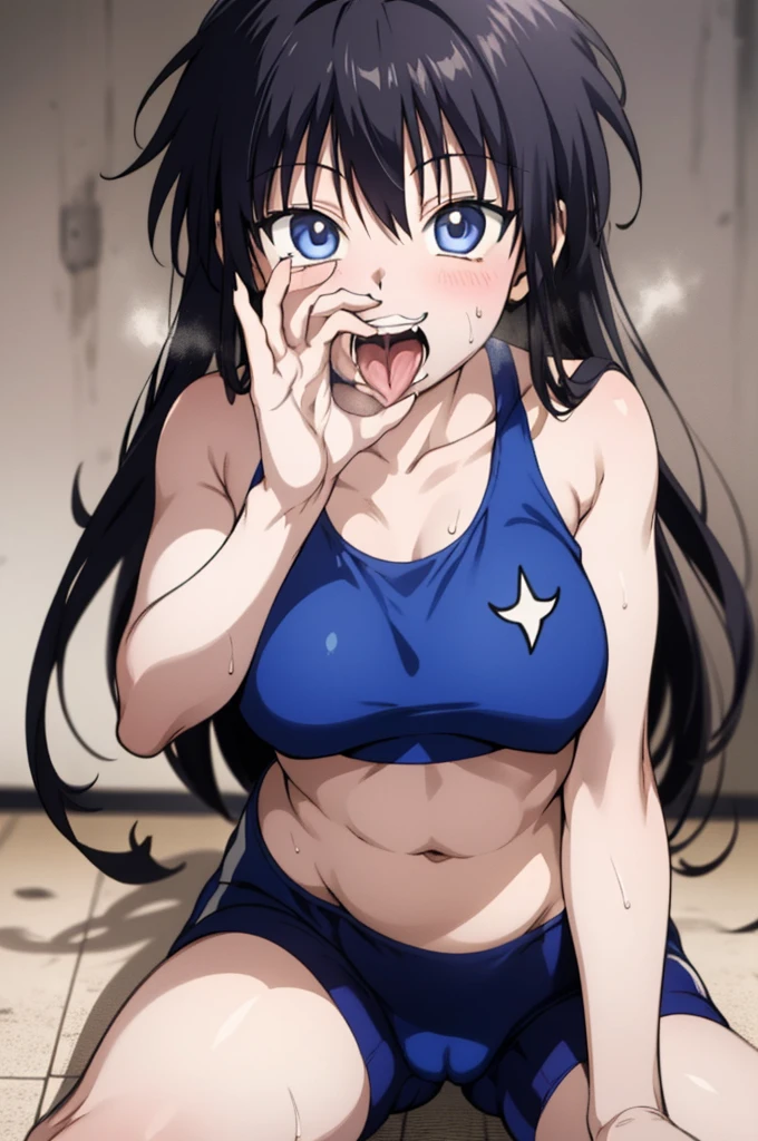 masterpiece, best quality, high quality, 1girl, solo, ,open mouth,tongue, looking at viewer, , killua_zoldyck, sports bra,bike shorts,medium breasts,cowboy shot,sliver hair,(trembling:1.3),smile,cameltoe,blush,sweating,grin