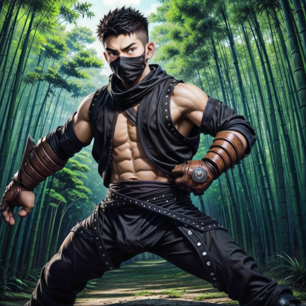 (((Cover your nose and neck with black cloth)))、Japanese men、Crotch bulge、dutch angle、(((fighting stance、battoujutsu stance,weapon)))、((Sleeveless ninja jacket))、(((Ninja Pants)))、(Arm tattoo)、(((feet out of frame、cowboy shot)))、Muscular、(Glowering look、looking at viewer、big eyes、furious)、((Bamboo grove)、sidecut Spiky hair、、((full body))、 Detailed Background, The finer details、Real、3K、Highest quality