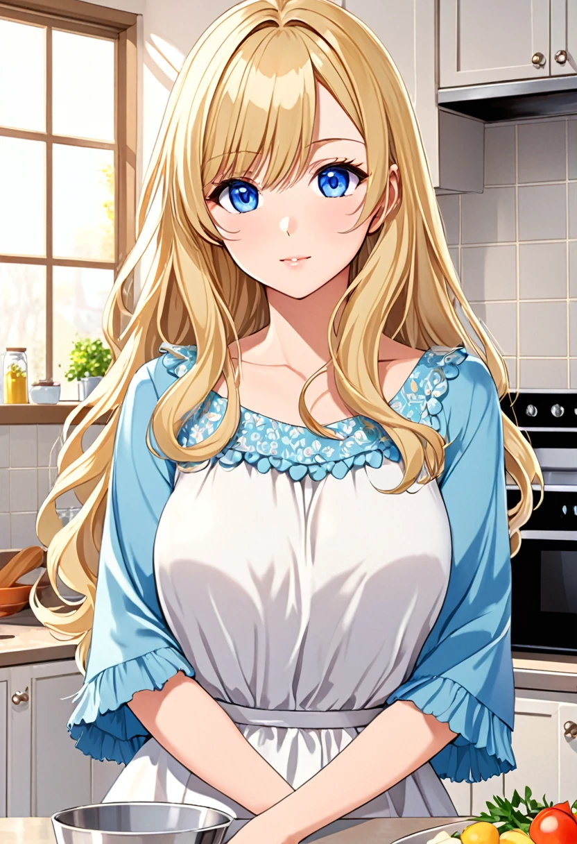 Anime young woman, blonde hair, fringe reparted in three parts, long and waivy hair, light and bright blue eyes, chic and simple clothes, housewife mother, volumous chest, kitchen background