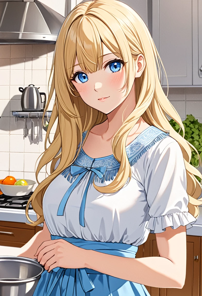 Anime young woman, blonde hair, fringe reparted in three parts, long and waivy hair, light and bright blue eyes, chic and simple clothes, housewife mother, volumous chest, kitchen background