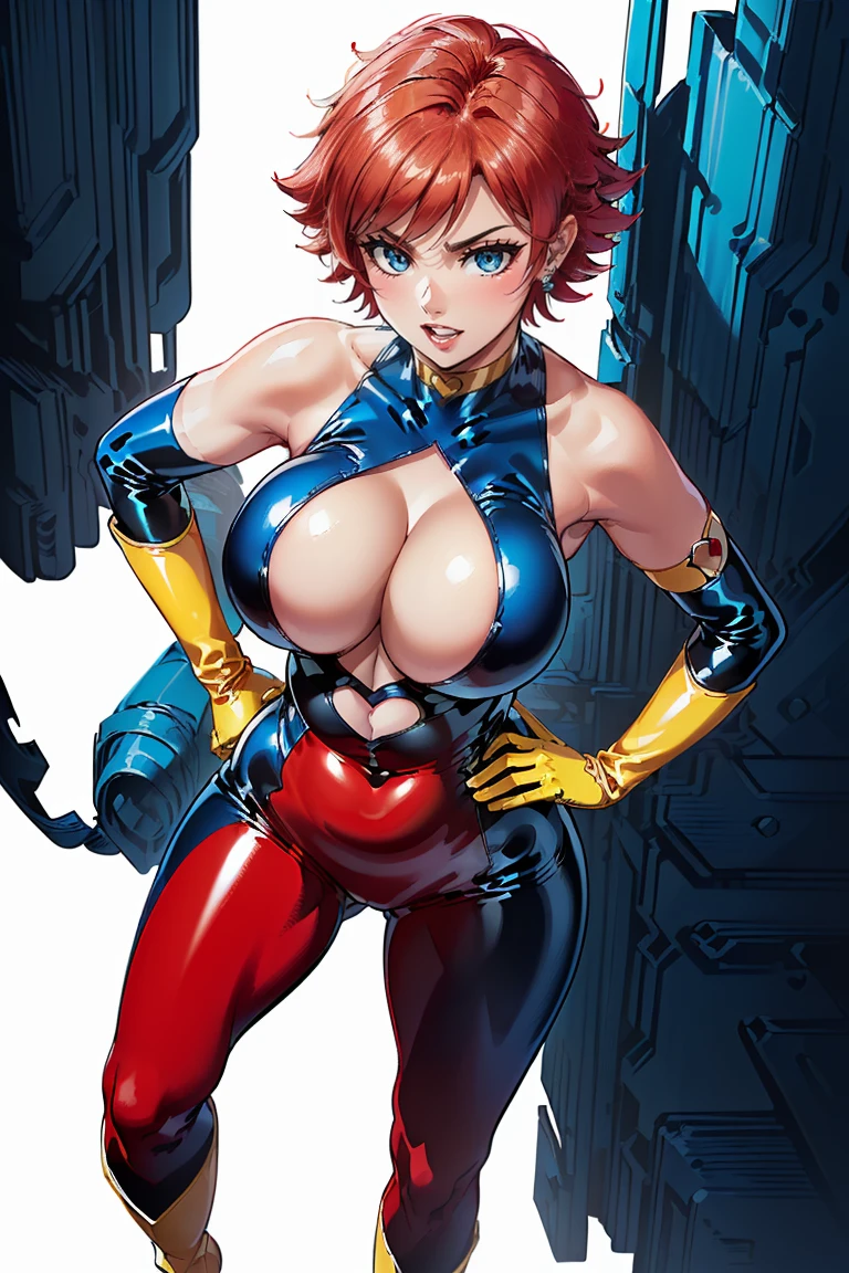 ((Masterpiece, top quality, high resolution, highly detailed CG unified 8K wallpaper)), (huge stunning goddess shot, very hot and sexy, jaw-dropping beauty, perfect proportions, beautiful body, slim body beauty:1.1), 1 woman, (cutie honey, Red hair, short hair, big eyes, Detailed face and eyes, staring at camera:1.3), (Blue and red tight suits, Detailed latex suit, glossy, blue tops, Red from belly to legs, Detailed, midrift top, cleavage cutout, cleavage, bare shoulders, bare backs, choker with heart symbol, yellow gloves, elbow gloves, yellow  boots, long boots, armlet:1.4), hands on hips, feet spread apart, smile, Dynamic angle, action pose, android girl, machine background,