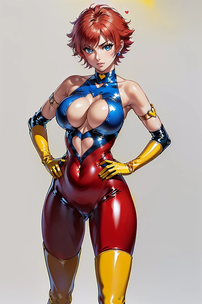 ((Masterpiece, top quality, high resolution, highly detailed CG unified 8K wallpaper)), (huge stunning goddess shot, very hot and sexy, jaw-dropping beauty, perfect proportions, beautiful body, slim body beauty:1.1), 1 woman, (cutie honey, Red hair, short hair, big eyes, Detailed face and eyes, staring at camera:1.3), (Blue and red tight suits, Detailed latex suit, glossy, blue tops, Red from belly to legs, Detailed, midrift top, cleavage cutout, cleavage, bare shoulders, bare backs, choker with heart symbol, yellow gloves, elbow gloves, yellow  boots, long boots, armlet:1.4), hands on hips, feet spread apart, smile, Dynamic angle, action pose, android girl, machine background,