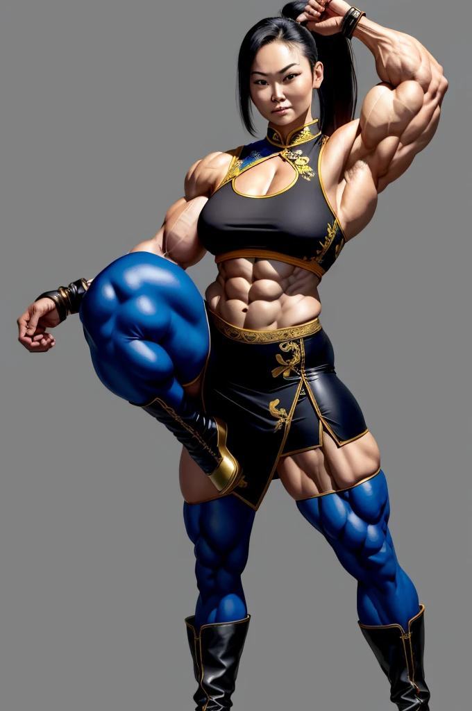 Detailed face, neat face, 8 K, HQ, art station, full body, 9 life, tall, long legs, ponytail, black hair, model standing, right hand on hip, qi-pao, cheongsam, dragon pattern, gold embroidery, blue cheongsam, sleeveless, legs visible through slit, knee-length long boots, black leather long boots, pin heel boots, muscular woman, raised muscles, protruding muscles, Muscular thick neck, split abs, blood vessels protruding from the arms, thick blood vessels protruding from the thighs, model photo session, flaunting muscles, showing off monstrous power, muscular! !! , bodybuilding, holding a weapon in one hand