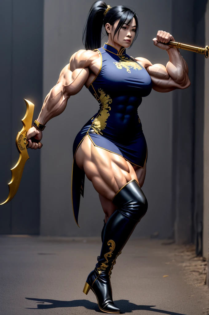 Detailed face, neat face, 8 K, HQ, art station, full body, 9 life, tall, long legs, ponytail, black hair, model standing, right hand on hip, qi-pao, cheongsam, dragon pattern, gold embroidery, blue cheongsam, sleeveless, legs visible through slit, knee-length long boots, black leather long boots, pin heel boots, muscular woman, raised muscles, protruding muscles, Muscular thick neck, split abs, blood vessels protruding from the arms, thick blood vessels protruding from the thighs, model photo session, flaunting muscles, showing off monstrous power, muscular! !! , bodybuilding, holding a weapon in one hand