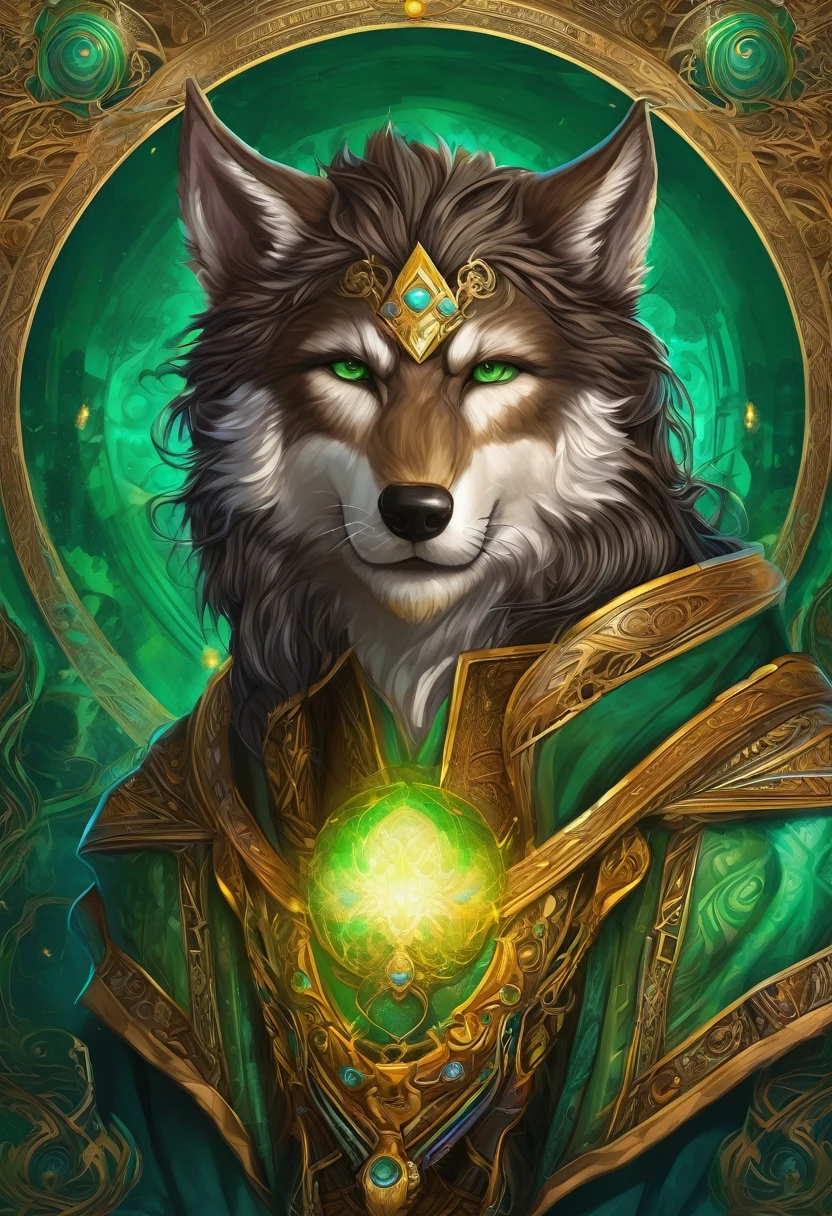 young male mage of portraits, perfect balance of form and function, confident gaze eyes, brown hair, green eyes, elegant robes with magical sigils and symbols, neat beard, enchanted spectacles, fantasy wolf of picture frame, RGB lighting dances across the sleek lines and intricate components, (((intricate detail matte paint of super illustration:1.3))), creating visual masterpiece will take breath away, fine detail brush stroke of pencil, Get ready to be amazed coloring, stunning fine details and delicate mesmerizing renderings, very own custom designed, tonal contrast, natural lighting, occultism cinematic still like, inside the temple of detail dark fantasy, correct and punctuality brush stroke, highly quality, accurate and polite crossover layer, oil paint coloring, gel ink coloring, grunge, gouache coloring,