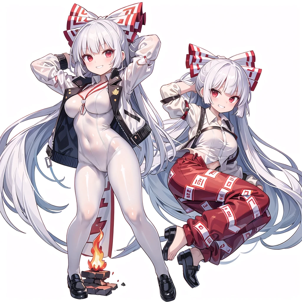 (((high quality))),(((masterpiece))),(((highly detailed))),((illustration style)),
(((fujiwara no mokou))),(touhou),(((red eyes))),(((long hair,white hair,bangs,hime cut)))),(((hair bow, white bow))),(((white leather jacket))),(((Flame Pattern print red full bodysuit))),((latex)), (shiny clothes:1.2),(((grin))),(((large breasts))),(((full body))),(((arm behind head))),(((model posing))),((((simple white background))),(((Diagonal angle)))
