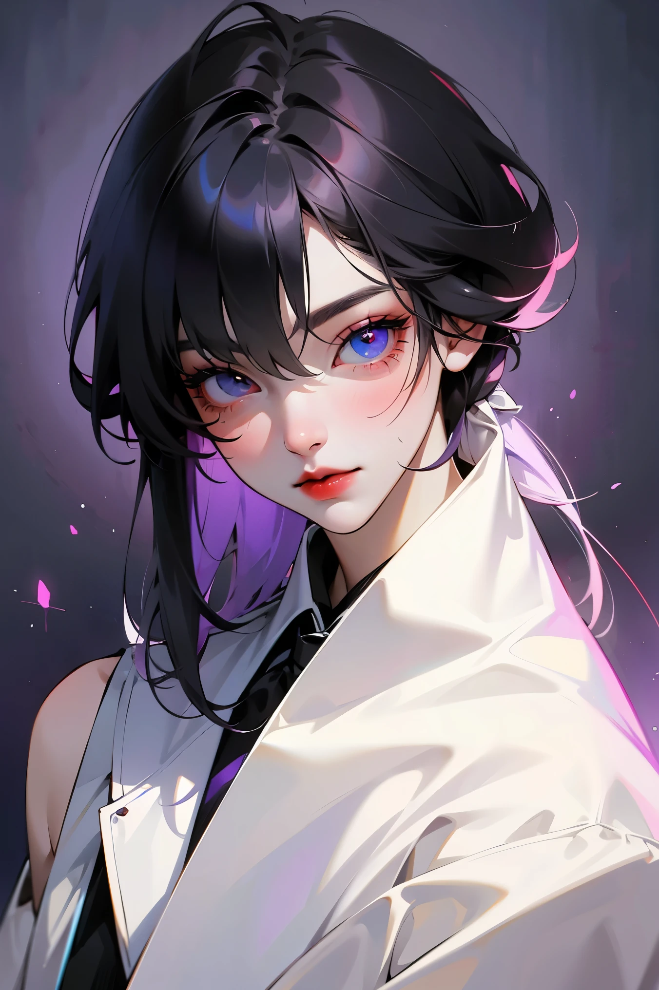 Boy with violet eyes has heterochromia black hair red lips white skin shoulder length hair 1,62