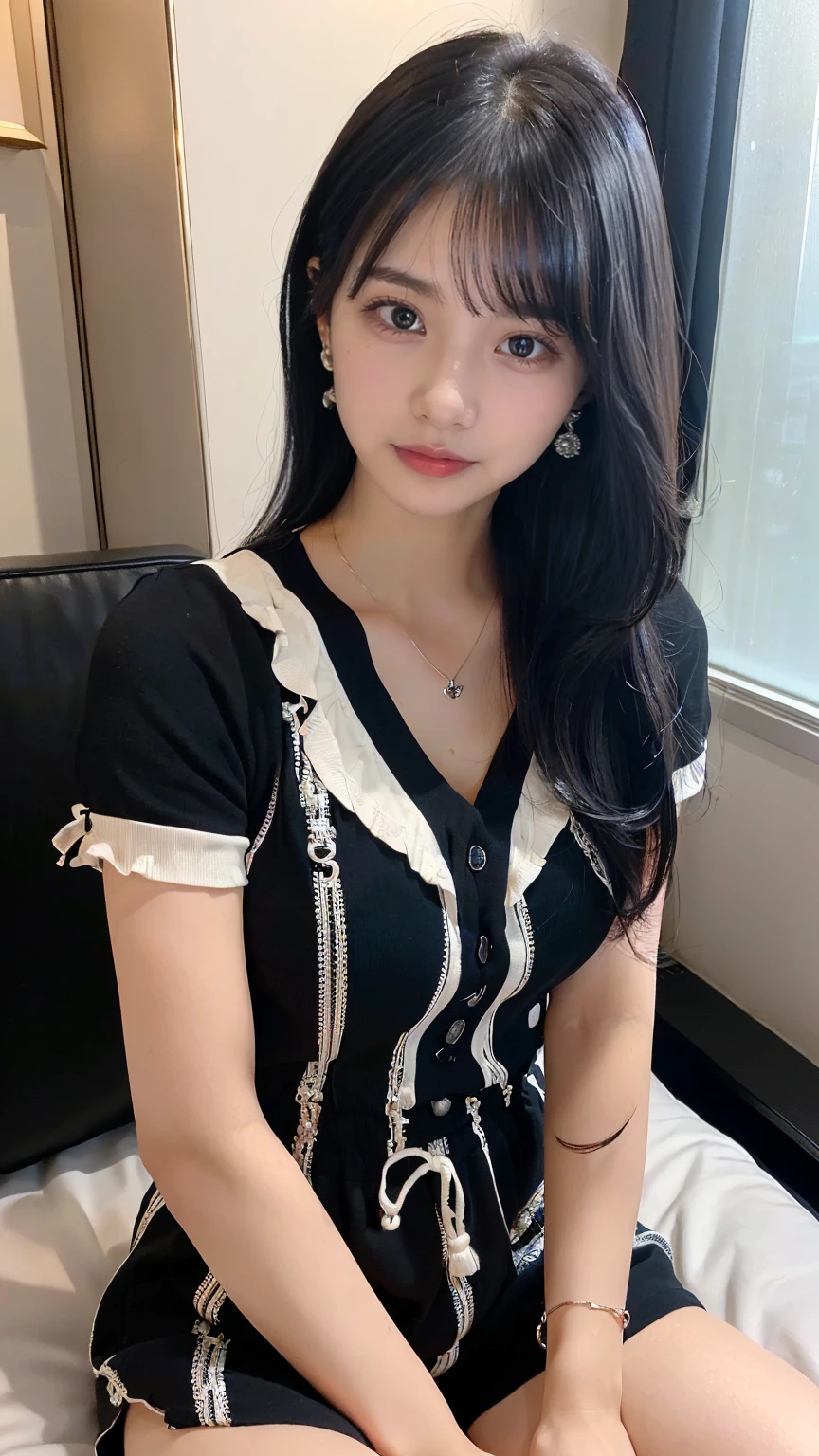 (masterpiece, Highest quality:1.3), smile、(Very detailed:1.2), (hyperRealistic:1.3), (RAW Photos:1.2),(Spread your legs:1.4)、High resolution raw color photos, Professional photos, (PhotoRealistic:1.4), (Realistic:1.4),(Small Nose:1.4)、(Glare:1.4)、Big eyes、Long eyelashes、Professional Lighting, Perfect Anatomy, (Very large breasts:1.2), (Detailed face), (Cute appearance:1.5), (Long black hair:1.5), necklace, bracelet, sexy, erotic sexy, (足を開いたsexyなグラビアポーズ:1.8), (Beautiful woman wearing short sleeve romper: 1.3)、bed、(Multiple ear piercings:1.4)、(Selfie:1.4)