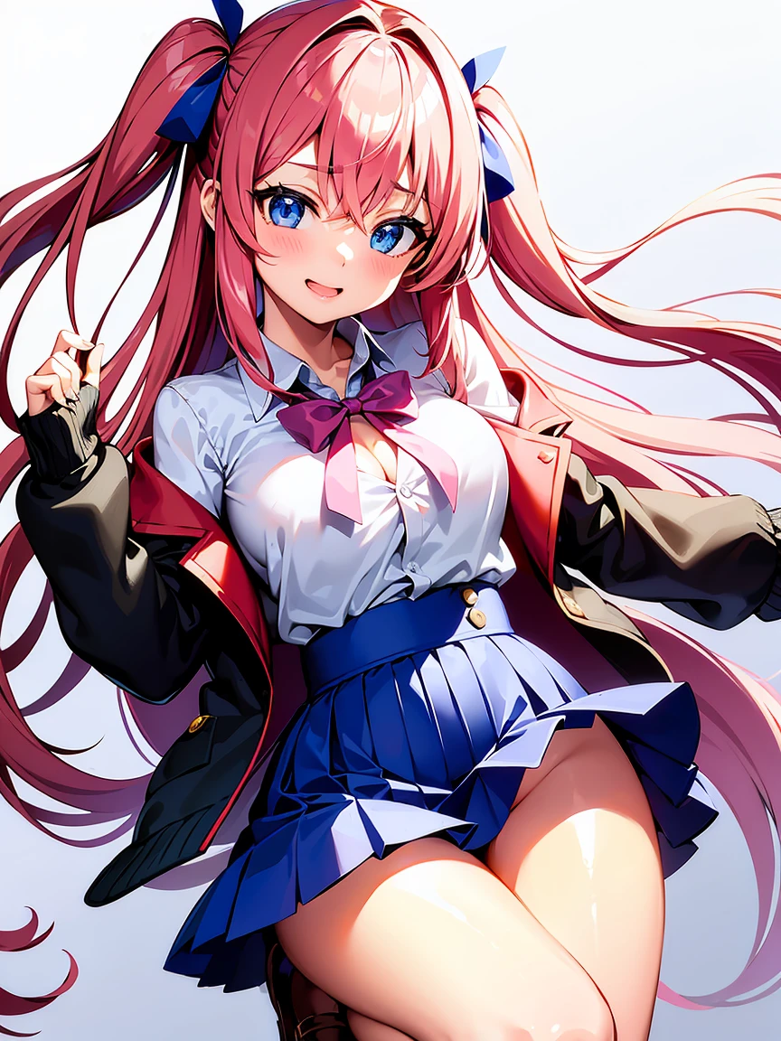 Young and cute anime style girl with long pink hair tied in two tails with blue ribbons. Big, expressive blue eyes and a mischievous smile. Small and slender build, with considerable bust and light skin. CLOTHES: White buttoned shirt with red tie, navy blue pleated skirt, black knee high socks and brown loafers. Your shirt is partially blossomed, revealing a glimpse of her cleavage. background: Sakura is a popular and outgoing high school student with a reputation for being flirtatious and playful.