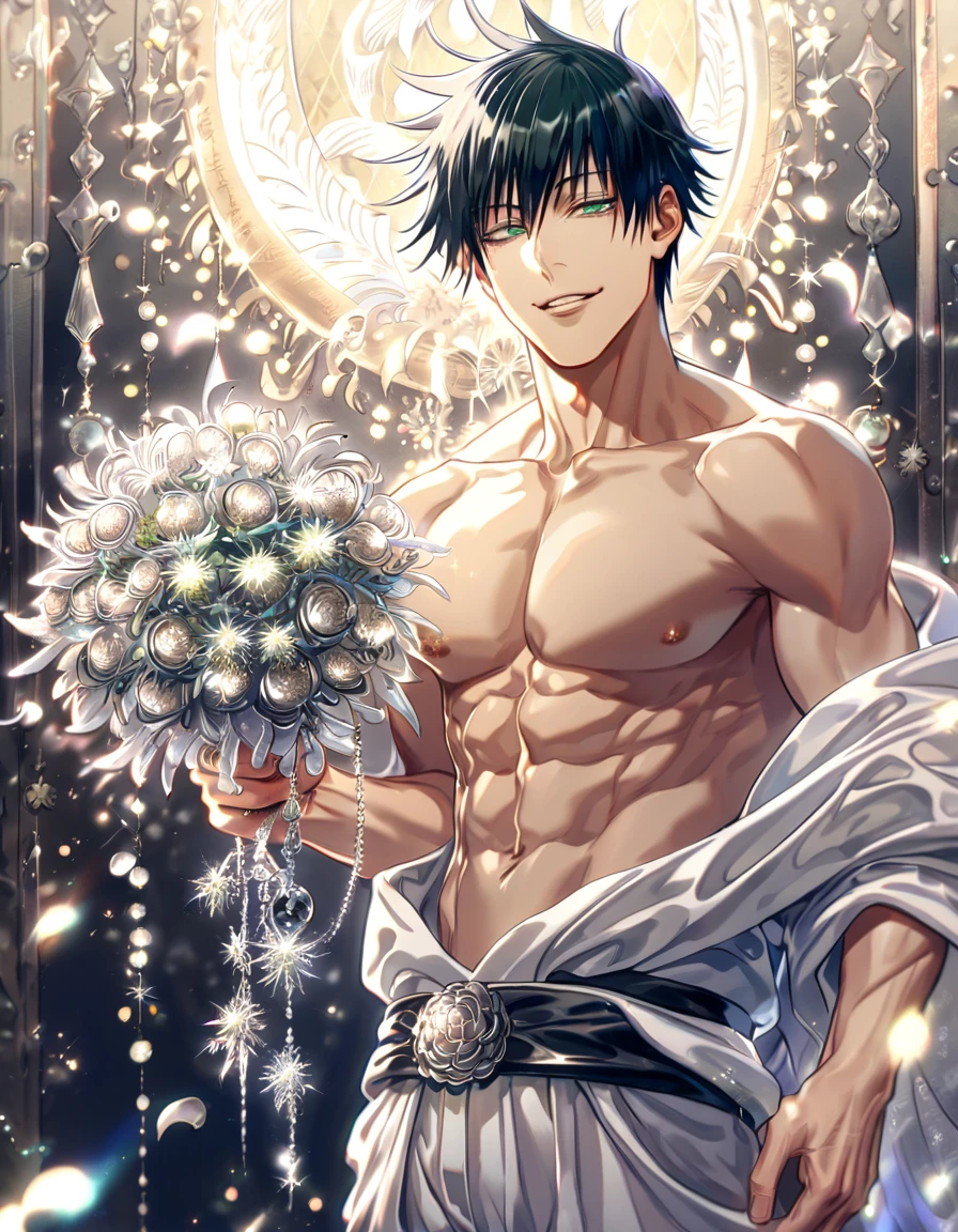 absurdres, highres, ultra detailed, HDR, master piece, best quality, extremely detailed, Fushiguro Touji, straight black hair, expressive green eyes, Jujutsu Kaisen, solo, sexy man, handsome, smile, toned chest, bare chest, without shirt, white baggy pants, fantasy, sparkling, silver glittering fireflies, silver moon, silver blossoms, silver chrysanthemums, silver sparkling lights, room, silver petals, magical