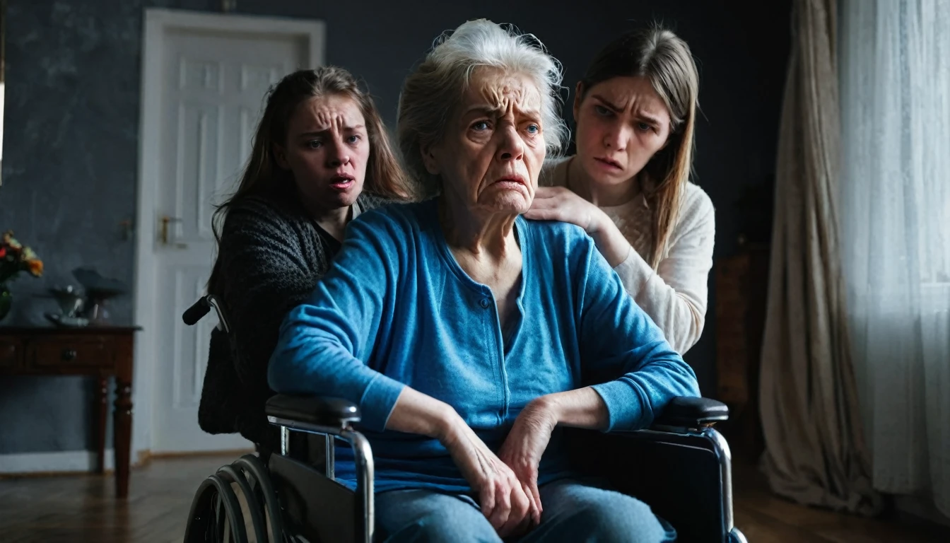 Old woman looking bad sitting in wheelchair, angry with her 25 year old daughter at home, dark weather, little light.