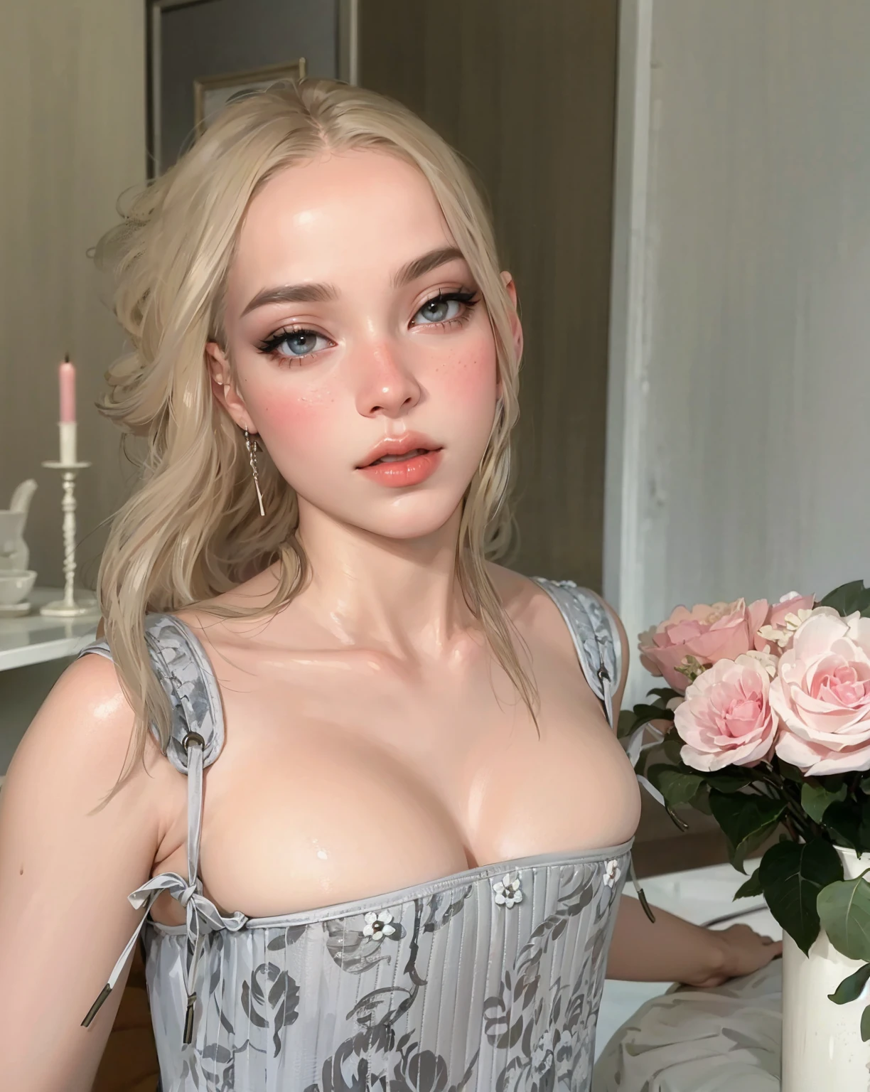 beautiful girl, white blonde hair, wavy hair, greek goddess, beautiful eyes and perfect nose, soft skin, Soft hair, model, perfect girl,beautiful woman , (masterpiece),((ultra detailed)), (Highly detailed CG illustration),(expressionless), (Best Quality:1.2),(1 girl:1.2),high quality texture, intricate details, detailed texture, a realistic representation of the face and person, detailed beautiful delicate face, Beautiful and delicate detailed eyes., eye pupil a face of perfect proportions, depth of field, perspective,20 years, thin face, (large eyes:1.2),blush,bright lips, perfect body, Skinny body, (narrow waist:1.3), big chest, distinct_Image, (shiny and pale skin), focus on the face , (white blonde hair ), (beautiful finely detailed eyes and detailed face), (by white ), contrast