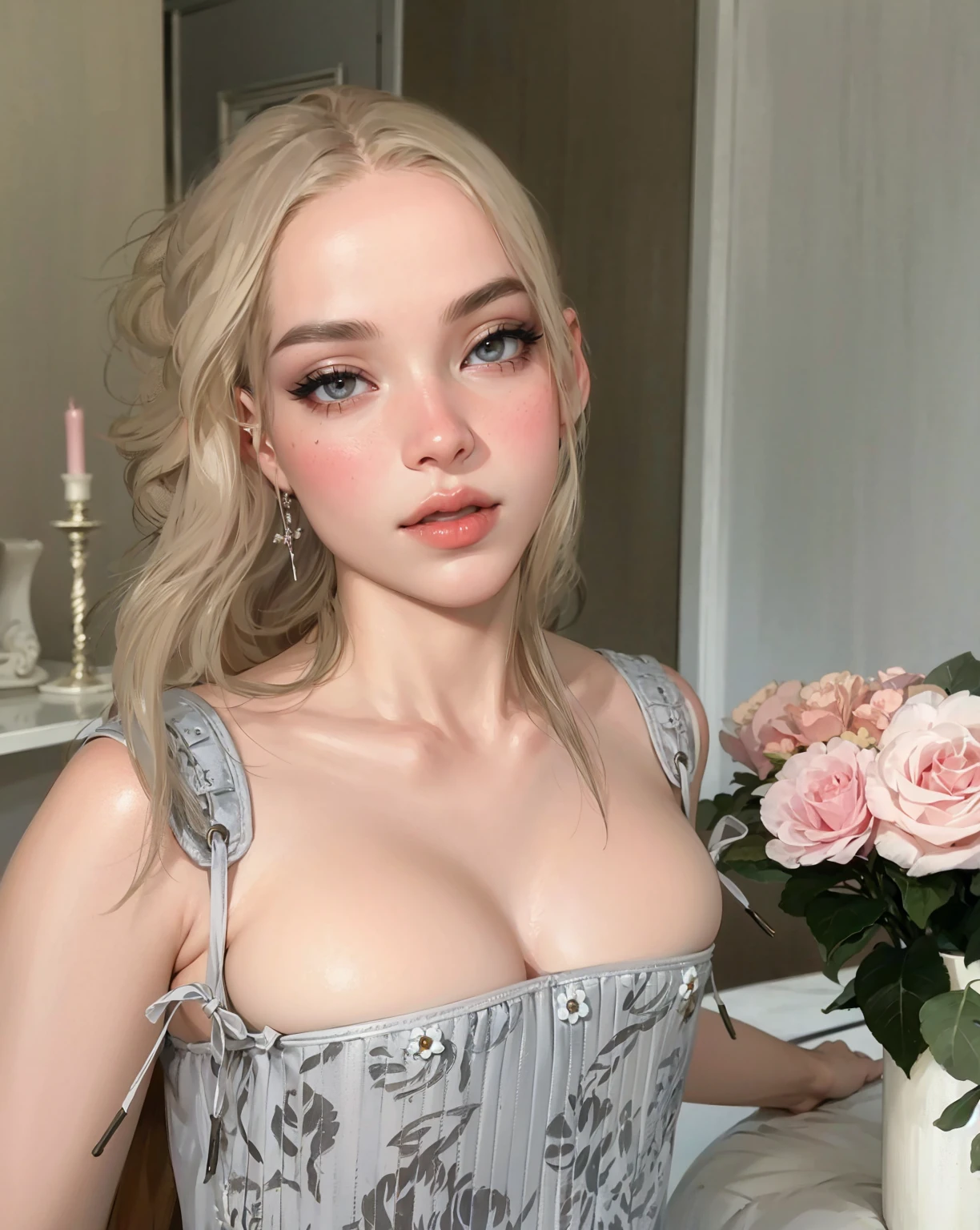 beautiful girl, white blonde hair, wavy hair, greek goddess, beautiful eyes and perfect nose, soft skin, Soft hair, model, perfect girl,beautiful woman , (masterpiece),((ultra detailed)), (Highly detailed CG illustration),(expressionless), (Best Quality:1.2),(1 girl:1.2),high quality texture, intricate details, detailed texture, a realistic representation of the face and person, detailed beautiful delicate face, Beautiful and delicate detailed eyes., eye pupil a face of perfect proportions, depth of field, perspective,20 years, thin face, (large eyes:1.2),blush,bright lips, perfect body, Skinny body, (narrow waist:1.3), big chest, distinct_Image, (shiny and pale skin), focus on the face , (white blonde hair ), (beautiful finely detailed eyes and detailed face), (by white ), contrast