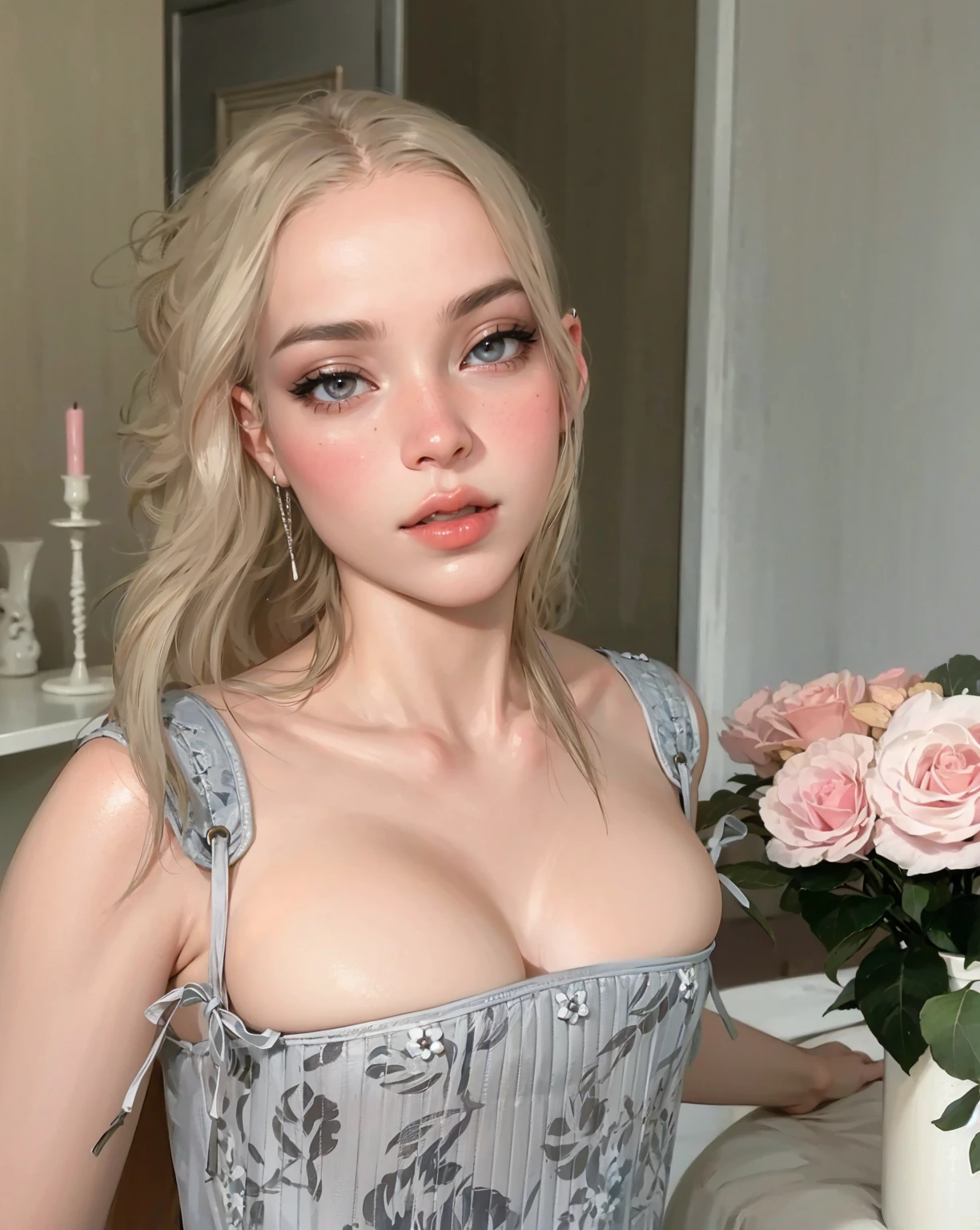 beautiful girl, white blonde hair, wavy hair, greek goddess, beautiful eyes and perfect nose, soft skin, Soft hair, model, perfect girl,beautiful woman , (masterpiece),((ultra detailed)), (Highly detailed CG illustration),(expressionless), (Best Quality:1.2),(1 girl:1.2),high quality texture, intricate details, detailed texture, a realistic representation of the face and person, detailed beautiful delicate face, Beautiful and delicate detailed eyes., eye pupil a face of perfect proportions, depth of field, perspective,20 years, thin face, (large eyes:1.2),blush,bright lips, perfect body, Skinny body, (narrow waist:1.3), big chest, distinct_Image, (shiny and pale skin), focus on the face , (white blonde hair ), (beautiful finely detailed eyes and detailed face), (by white ), contrast 