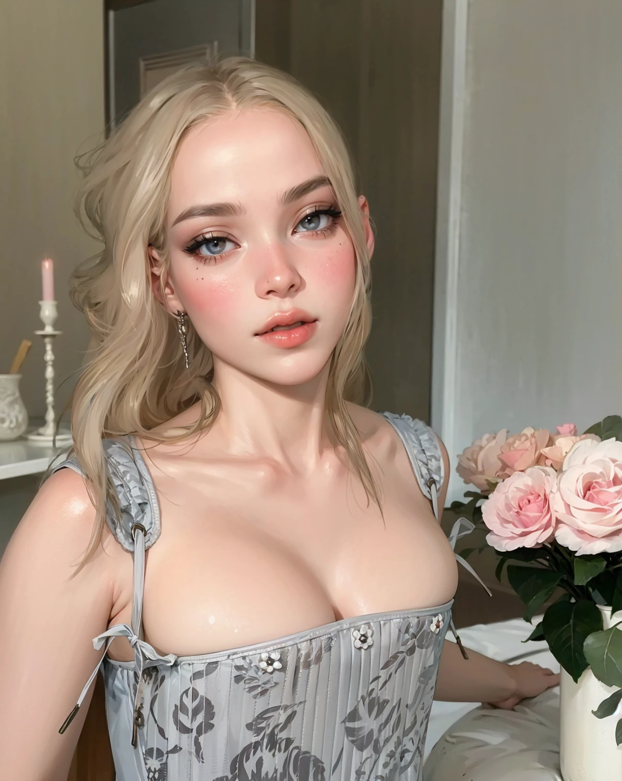 beautiful girl, white blonde hair, wavy hair, greek goddess, beautiful eyes and perfect nose, soft skin, Soft hair, model, perfect girl,beautiful woman , (masterpiece),((ultra detailed)), (Highly detailed CG illustration),(expressionless), (Best Quality:1.2),(1 girl:1.2),high quality texture, intricate details, detailed texture, a realistic representation of the face and person, detailed beautiful delicate face, Beautiful and delicate detailed eyes., eye pupil a face of perfect proportions, depth of field, perspective,20 years, thin face, (large eyes:1.2),blush,bright lips, perfect body, Skinny body, (narrow waist:1.3), big chest, distinct_Image, (shiny and pale skin), focus on the face , (white blonde hair ), (beautiful finely detailed eyes and detailed face), (by white ), contrast