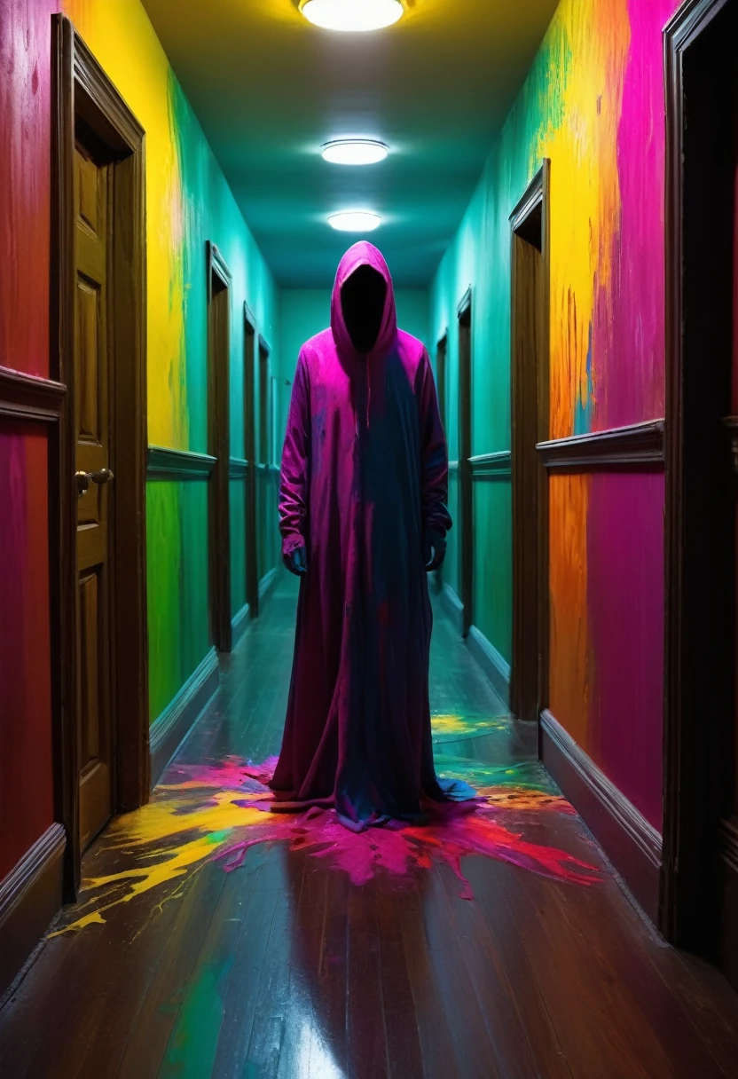 A faceless figure looms in a haunted hallway, Global Illumination, Glamorous splashes of vibrant paint