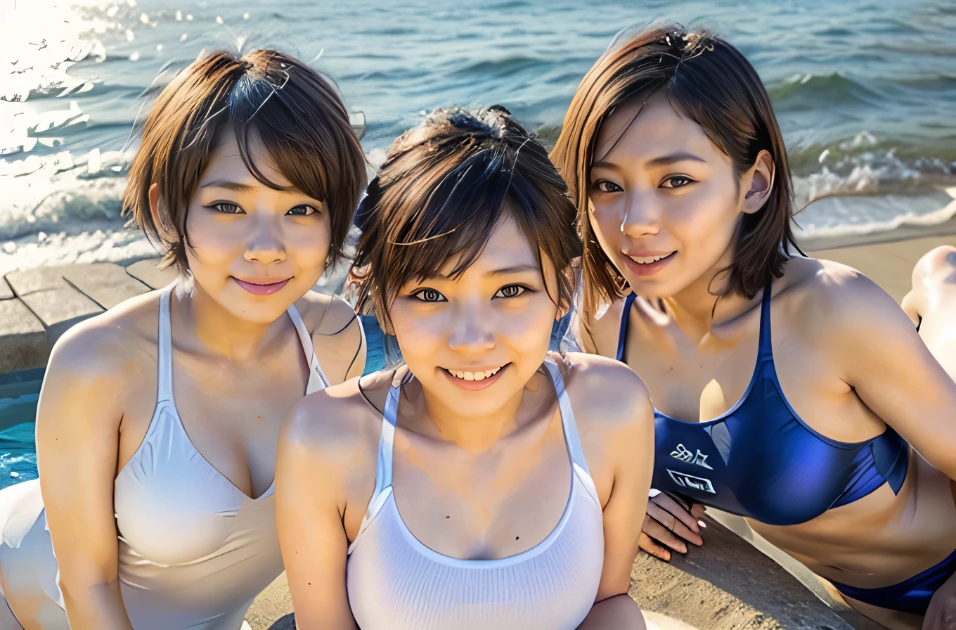 (((4girls:1.5))、(Four women standing close together on the beach、比基尼姿の女性4人)、Midsummer Gals、s、Group photo of a gal group、Selfie:1.3、Blue sea and blue sky、smile)、(Realistic、Like a photograph、Live Action、8k, Realistic, RAW Photos, Best image quality: 1.4), Single-lens reflex camera、RAW Photos, Highest quality, Realistic, Highly detailed CG Unity 8k wallpaper, Written boundary depth, Cinematic Light, Lens flare, Ray Tracing, Realistic background、((Wearing a swimsuit:1.4)、比基尼)、((Silver Inner Color Hair:1.1))、かわいい日本の複数の比基尼を着たギャル、((whole body:1.5))、(short hair:1.2)、I like that style、stylish、Very detailed、Pay attention to the details、Perfect outfit、(White skin)、Beautiful feet:1.1、View from above、Accurate Arm、Super detailed face
