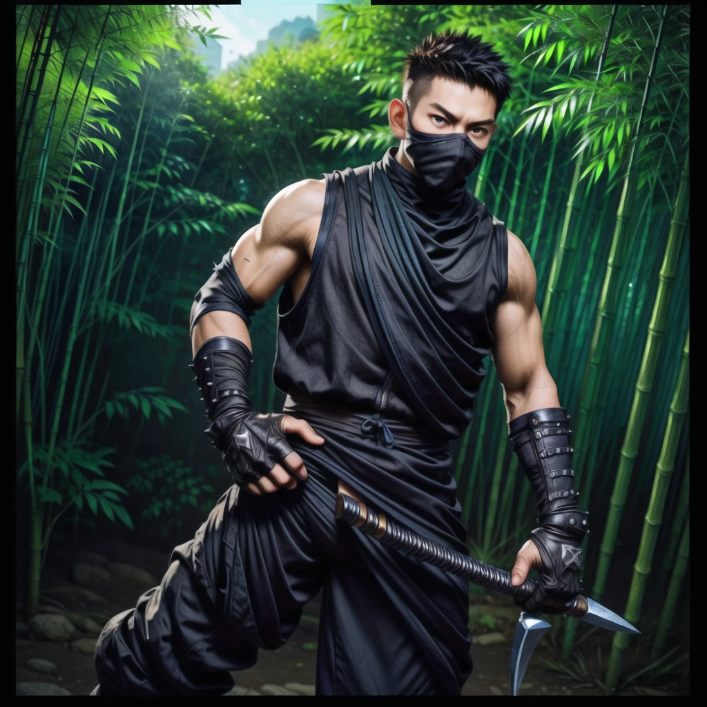 (((Cover your nose and neck with black cloth)))、Japanese men、Crotch bulge、dutch angle、((battoujutsu stance,weapon)))、((Sleeveless ninja jacket))、(((Ninja Pants)))、（Arm tattoo）、(((feet out of frame、cowboy shot)))、Muscular、(Glowering look、looking at viewer、big eyes、furious)、((Bamboo grove)、sidecut Spiky hair、16 years old、((full body))、 Detailed Background, The finer details、Real、3K、Highest quality