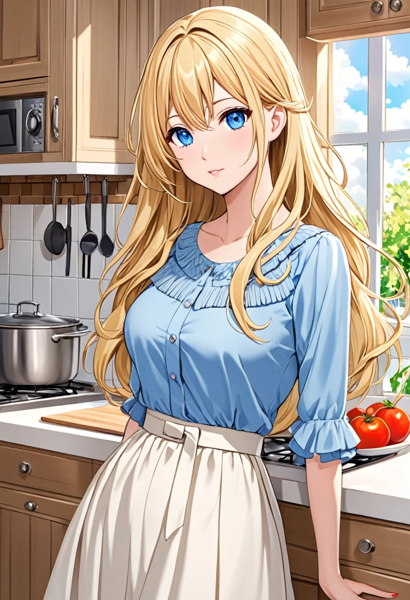 Anime young woman, blonde hair, fringe reparted in three parts, long and waivy hair, light and bright blue eyes, chic and simple clothes, housewife mother, volumous chest, kitchen background