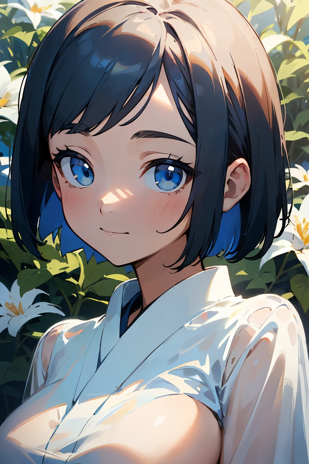 ((Highest quality)), ((masterpiece)), (detailed), (Japanese),s old, Black Hair,(Childish face), (Bob Hair), Girl, big Breasts, ((topless)), ((Blue eyes)),half-smile ,Sunlight, arched back, (extreme_close_up) , riverbank, flower garden,((See-through shirt)),(Sheer shirt),