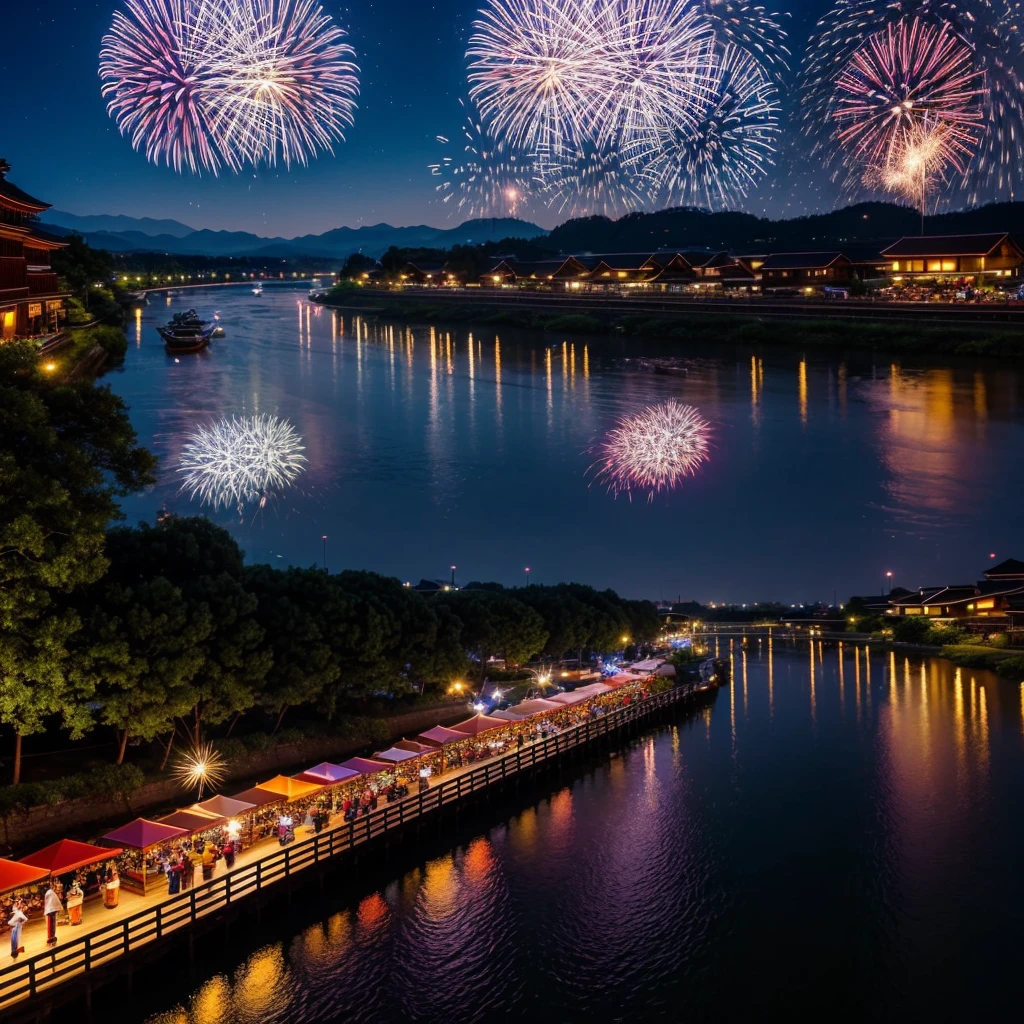 A quiet summer night in a rural town、People wearing yukata々enjoying the fireworks festival。Food stalls lined up along the river、Colorful fireworks illuminate the night sky、Starry sky、And the fireworks reflected on the river。