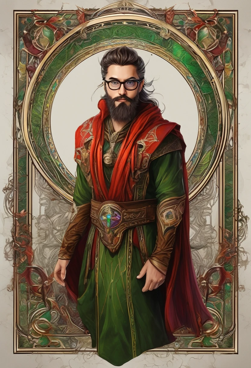 young human male mage of portraits, perfect balance of form and function, confident gaze eyes, brown hair, green eyes, elegant red robes with magical sigils and symbols, neat beard, glasses, fantasy wolf of picture frame, RGB lighting dances across the sleek lines and intricate components, (((intricate detail matte paint of super illustration:1.3))), creating visual masterpiece will take breath away, fine detail brush stroke of pencil, Get ready to be amazed coloring, stunning fine details and delicate mesmerizing renderings, very own custom designed, tonal contrast, natural lighting, occultism cinematic still like, inside the temple of detail dark fantasy, correct and punctuality brush stroke, highly quality, accurate and polite crossover layer, oil paint coloring, gel ink coloring, grunge, gouache coloring,