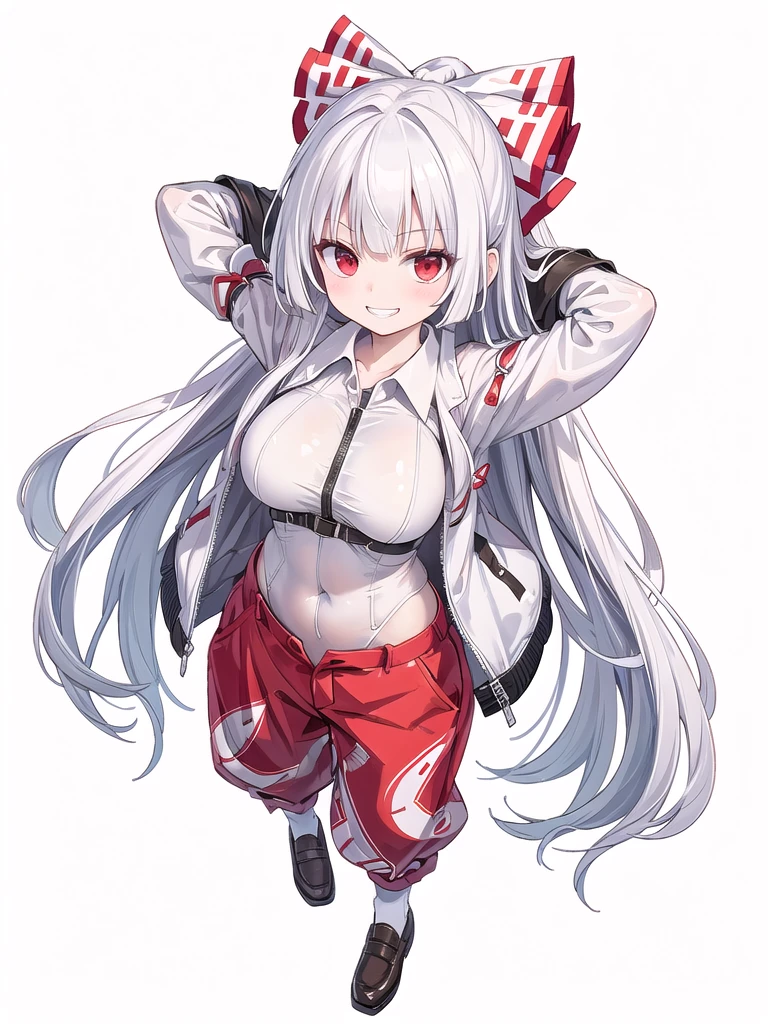 (((high quality))),(((masterpiece))),(((highly detailed))),((illustration style)),
(((fujiwara no mokou))),(touhou),(((red eyes))),(((long hair,white hair,bangs,hime cut)))),(((hair bow, white bow))),(((white leather jacket))),(((Flame Pattern print red full bodysuit))),((latex)), (shiny clothes:1.2),(((grin))),(((large breasts))),(((full body))),(((arm behind head))),(((model posing))),((((simple white background))),(((Angle from above)))