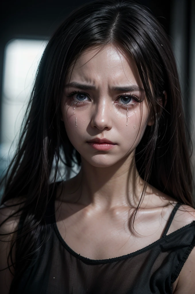 Dark image of a woman with tears in her eyes