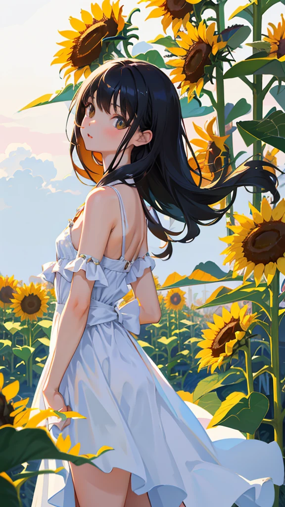 (short cute girl,small young student,young delicate girl),(masterpiece,Top quality),long black hair, white dress,sunflower