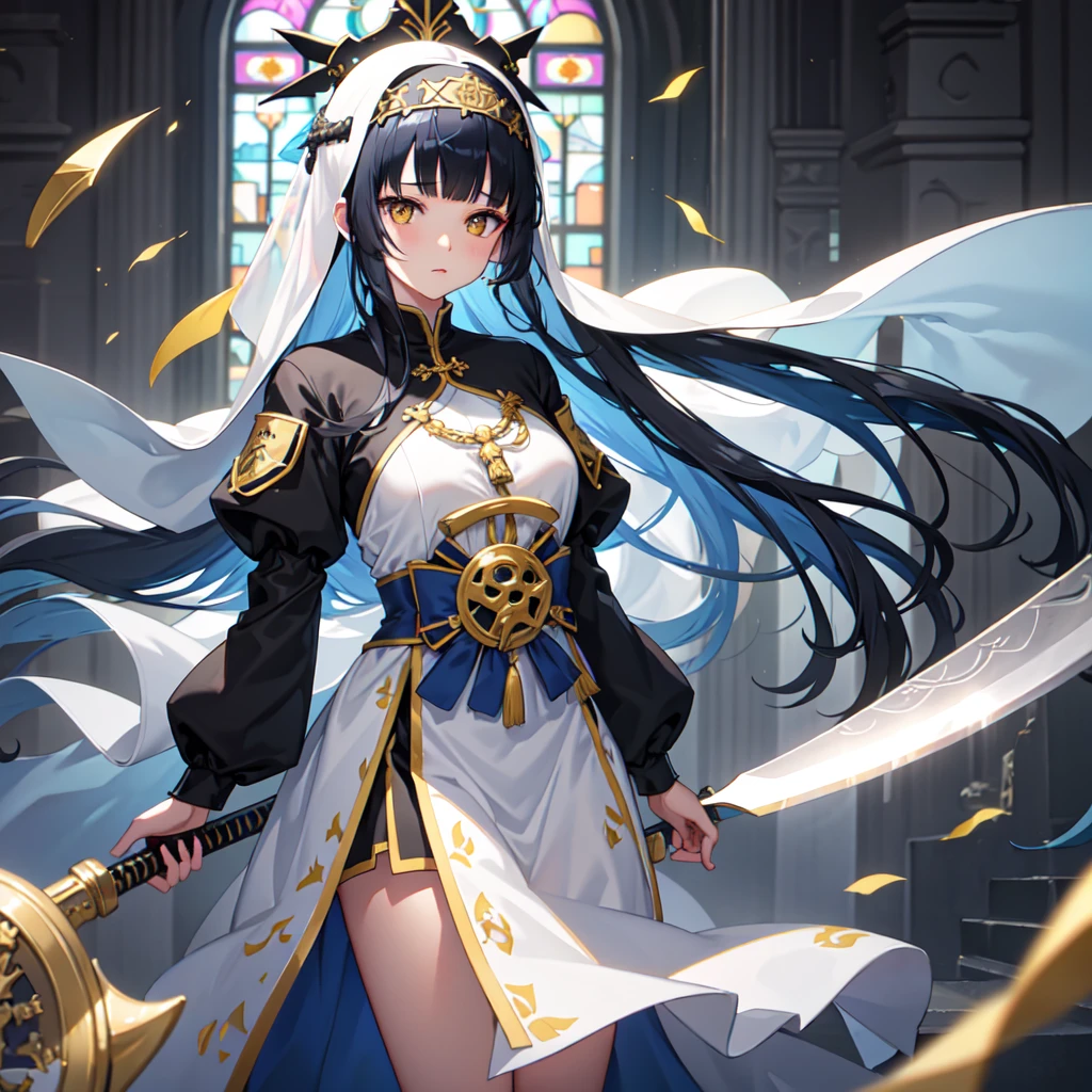 1 girl、(church)、Stained glass、Depth of written boundary、The focus is clear、sun rays、Good composition、(Bokeh:1.2) 1 girl、solo、(Half Body)、(Mouth closed)、The fine details are beautiful、Pause(knifeを持つ)、Waistline、(((Black ceremonial clothing)))、Messy Hair、Long hair floating in the wind、hiqcgbody、((Blunt Bangs))、Blue Hair、Yellow Eyes、((long hair))、Medium breast、Sister、Nun、knife、scimitar、偃月knife、Face Veil、battle