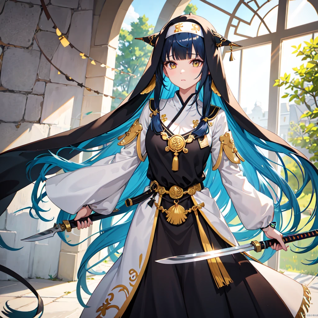 1 girl、(church)、Stained glass、Depth of written boundary、The focus is clear、sun rays、Good composition、(Bokeh:1.2) 1 girl、solo、(Half Body)、(Mouth closed)、The fine details are beautiful、Pause(knifeを持つ)、Waistline、(((Black ceremonial clothing)))、Messy Hair、Long hair floating in the wind、hiqcgbody、((Blunt Bangs))、Blue Hair、Yellow Eyes、((long hair))、Medium breast、Sister、Nun、knife、scimitar、偃月knife、Face Veil、battle