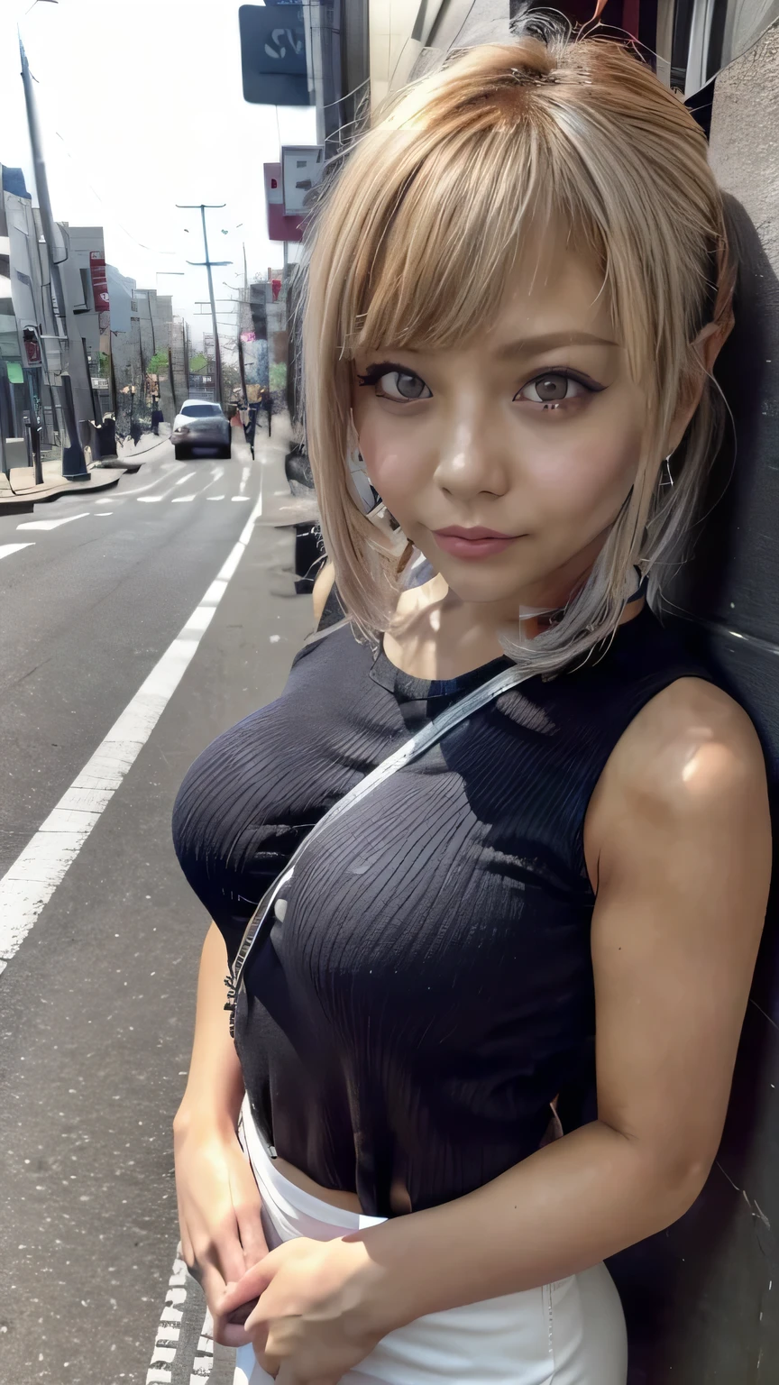 (Woman standing on the street in Tokyo:1.4)、(Realistic、Like a photograph、Live Action、8k, Realistic, RAW Photos, Best image quality: 1.4), Single-lens reflex camera、RAW Photos, Highest quality, Realistic, Very detailed CG Unity 8k wallpaper, Written boundary depth, Cinematic Light, Lens flare, Ray Tracing, Realistic background、(equipped:1.5、Tight sleeveless shirt:1.4、Tight mini skirt:1.4、(Small breasts:0.5))、((Silver Inner Color Hair:1.1))、 1 female,Cute Japanese Girl、((whole body:1.5))、Long Hair:1.2、I like that style、stylish、Very detailed、Pay attention to the details、Perfect outfit、(Sunburned skin)、Beautiful legs:1.1、(View from the lower front:1.3)、Accurate Arm、Meet on a street corner