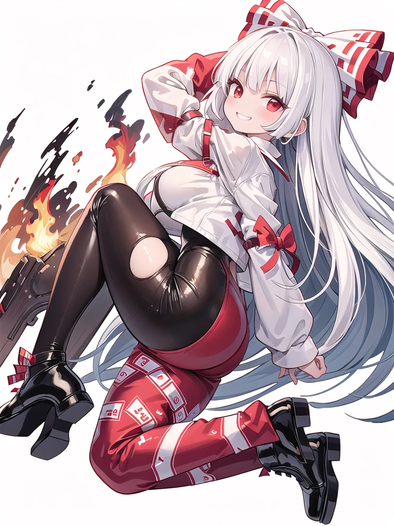 (((high quality))),(((masterpiece))),(((highly detailed))),((illustration style)),
(((fujiwara no mokou))),(touhou),(((red eyes))),(((long hair,white hair,bangs,hime cut)))),(((hair bow, white bow))),(((white leather jacket))),(((Flame Pattern print red full bodysuit))),((latex)), (shiny clothes:1.2),(((grin))),(((large breasts))),(((full body))),(((arm behind head))),(((model posing))),((((simple white background))),(((Side angle)))