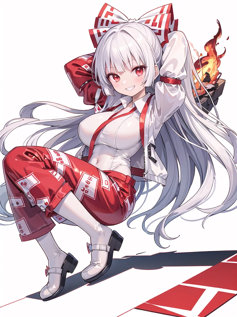 (((high quality))),(((masterpiece))),(((highly detailed))),((illustration style)),
(((fujiwara no mokou))),(touhou),(((red eyes))),(((long hair,white hair,bangs,hime cut)))),(((hair bow, white bow))),(((white leather jacket))),(((Flame Pattern print red full bodysuit))),((latex)), (shiny clothes:1.2),(((grin))),(((large breasts))),(((full body))),(((arm behind head))),(((model posing))),((((simple white background))),(((Diagonal angle)))