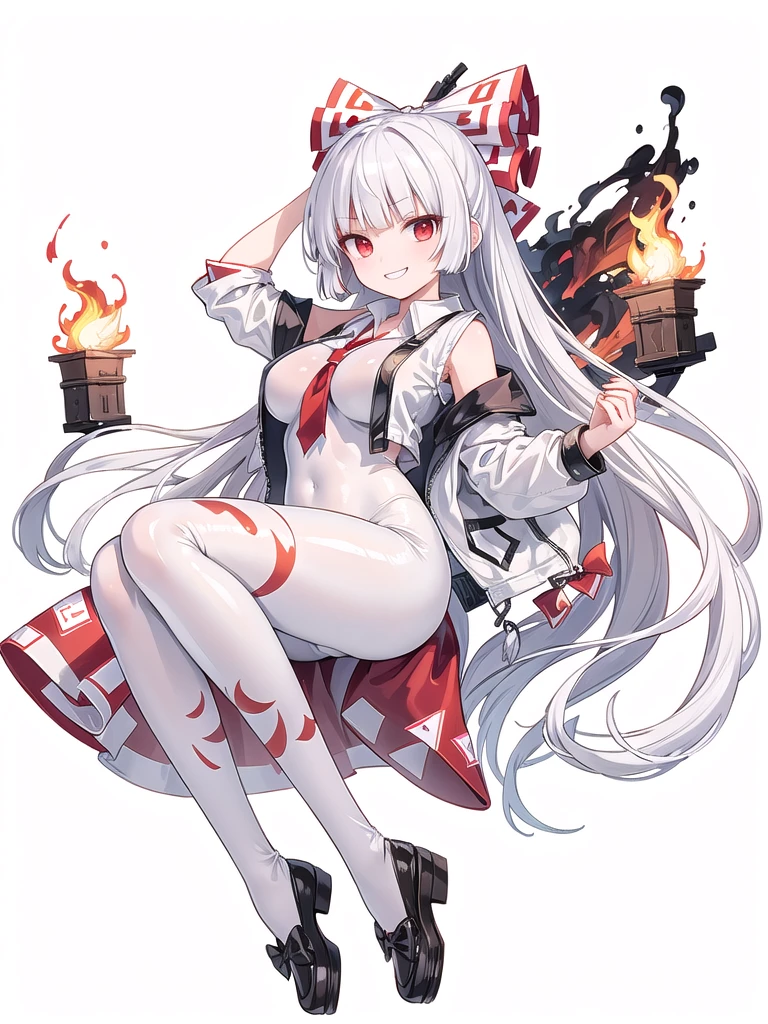 (((high quality))),(((masterpiece))),(((highly detailed))),((illustration style)),
(((fujiwara no mokou))),(touhou),(((red eyes))),(((long hair,white hair,bangs,hime cut)))),(((hair bow, white bow))),(((white leather jacket))),(((Flame Pattern print red full bodysuit))),((latex)), (shiny clothes:1.2),(((grin))),(((large breasts))),(((full body))),(((arm behind head))),(((model posing))),((((simple white background))),(((Diagonal angle)))