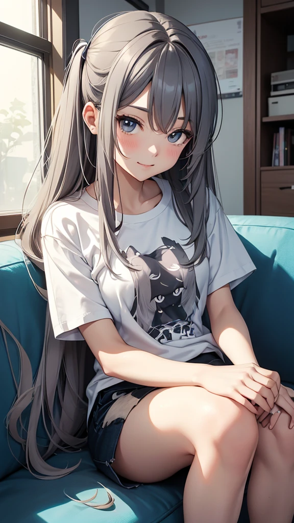 Gal、Wearing a T-shirt、Sitting on the couch、hair is gray、laughing、Around 25 years old、Anime style illustration long hair, 