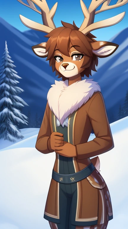 Best quality, Super detailed illustration, (fluffy deer boy:1.4) , feminine face and body, disheveled thick hair, warm clothes of the northern peoples, smug smile, against the backdrop of a winter forest and high snow-capped mountains ,a femboy ,small waist, wide hips, slim, perfect body, don't bother style