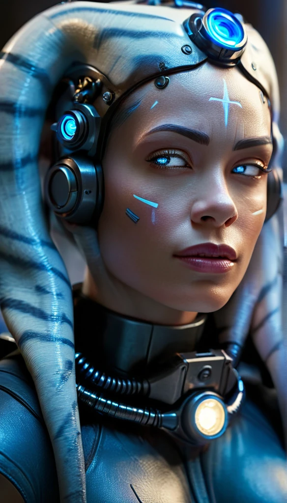 A futuristic cyborg woman with glowing blue circuitry, dramatic lighting, intricate mechanical details, hyper-realistic, 8k, volumetric lighting, cinematic composition, depth of field, photorealistic, highly detailed, vibrant colors, studio lighting, sci-fi, blue and black color scheme