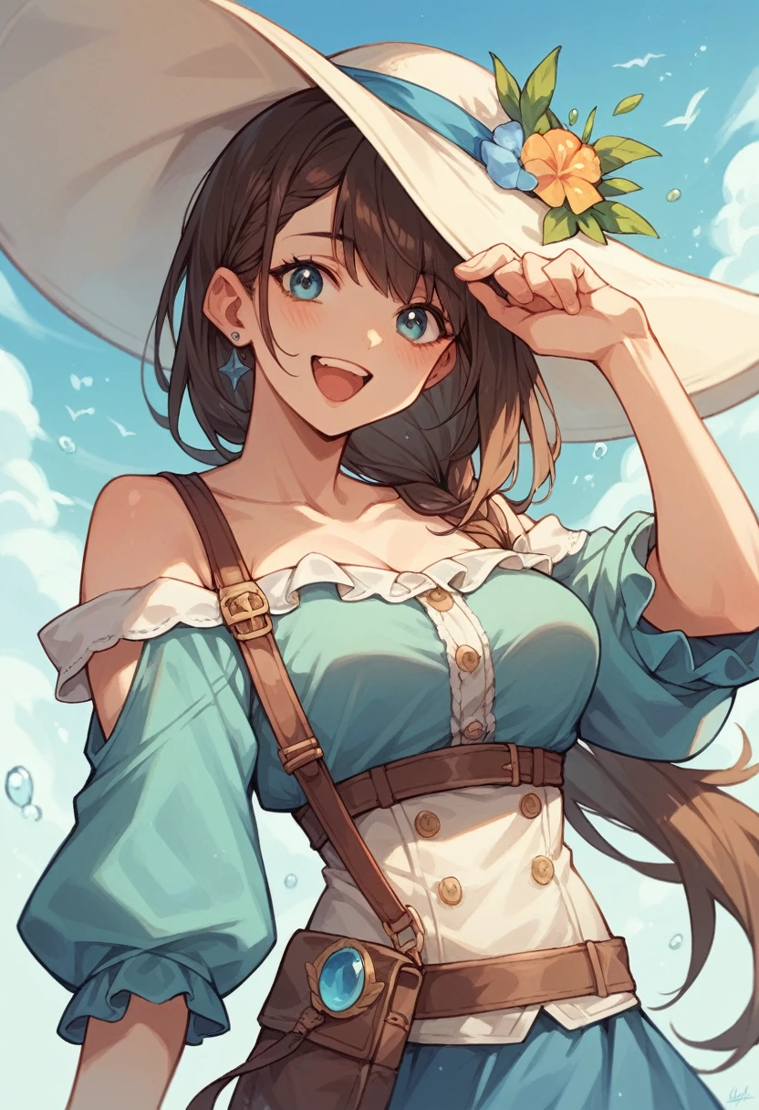 create a cartoon of a brunette woman dressed in light blue, blue and white on the Malecon 2000 in Guayaquil , happy and content looking at the sea