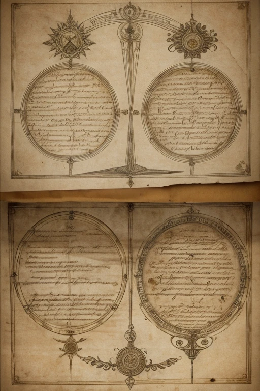 Old papyrus, explaining alchemy with an unknown language, handwriting, two different alchemic circles in the top left and bottom right