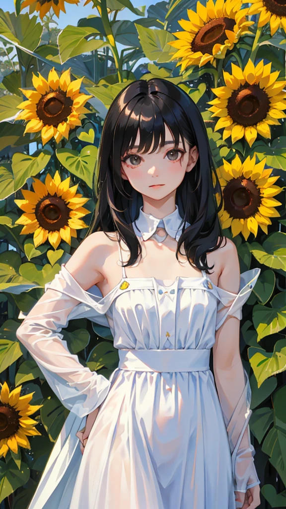 (short cute girl，small young student，young delicate girl）,（masterpiece，Top quality)，long black hair, white dress，sunflower