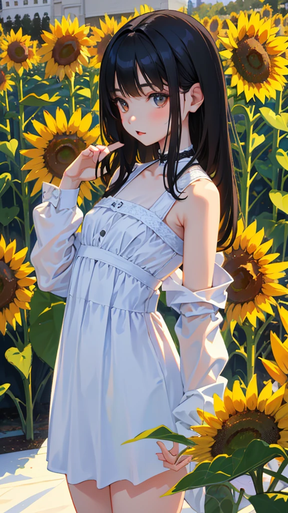 (short cute girl,small young student,young delicate girl),(masterpiece,Top quality),long black hair, white dress,sunflower