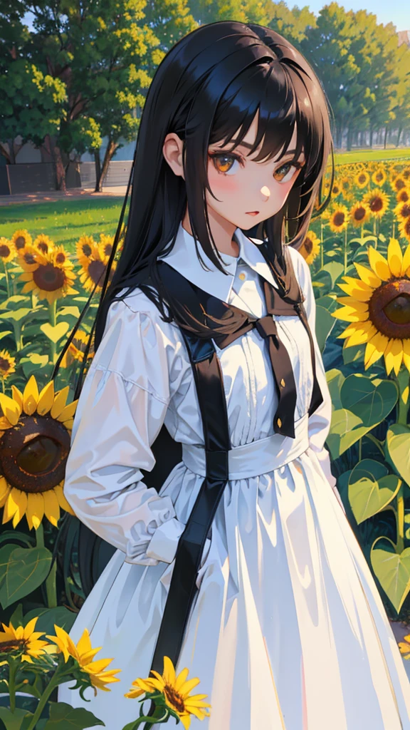 (short cute girl,small young student,young delicate girl),(masterpiece,Top quality),long black hair, white dress,sunflower
